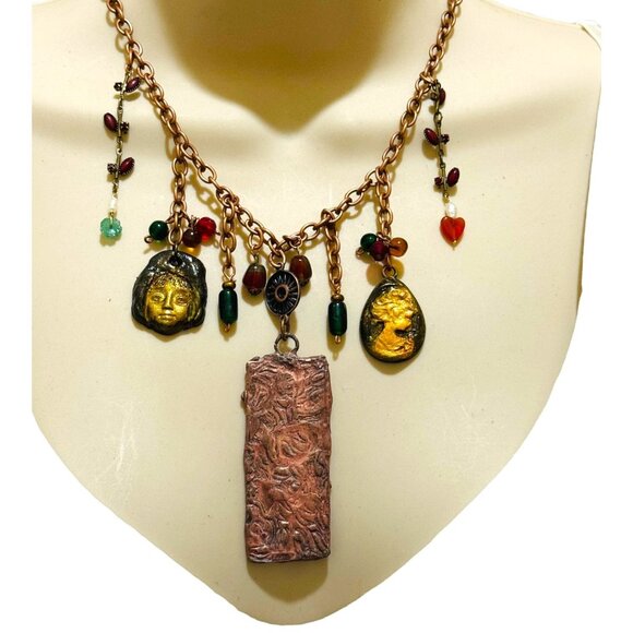 Tiny Art Glass Canvas Glass Pendant Copper Necklace 14th Cen. Italian Noblewoman - Picture 6 of 11